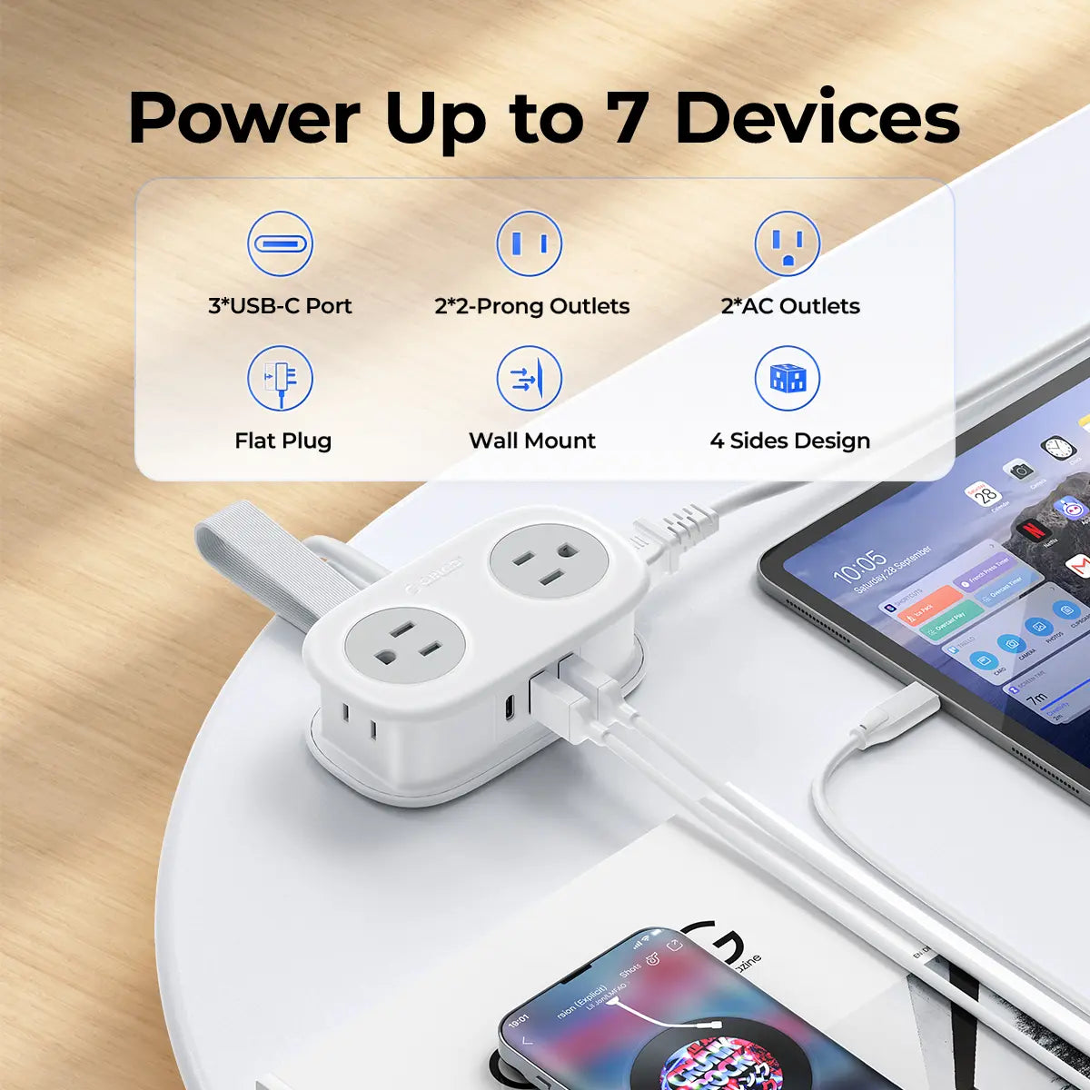 ORICO Multi-Power Travel Power Strip, 15W/20W/65W/100W Output, 2-4 AC Outlets & 3-4 USB Ports with 4FT Short Cord, Compact Cruise-Approved Charging Station for Travel, Hotel & Dorm