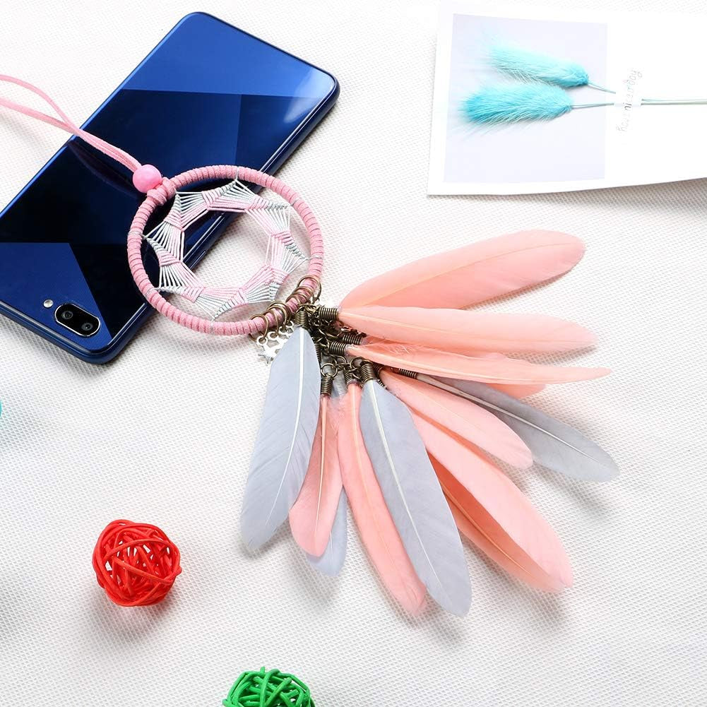 Dream Catcher Car Rearview Mirror Hanging Accessories Handmade Grids Pink Feather Car Charms Pendant Bedroom Decor 2.8" Diameter (Pink Feather)