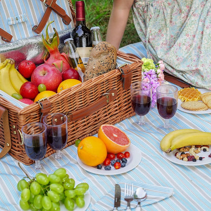 Wicker Picnic Basket Set for 4 Persons | Large Willow Hamper with Large Insulated Cooler Compartment, Waterproof Blanket and Cutlery Service Kit-Classical Brown