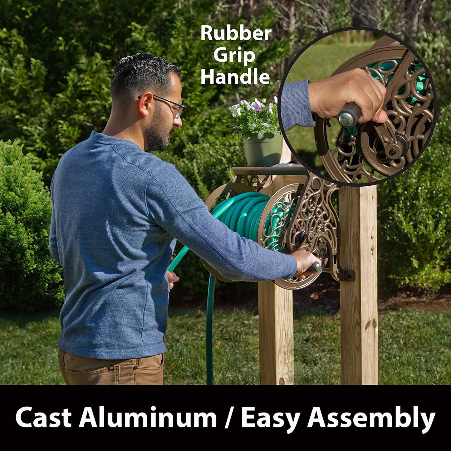 704 Decorative Cast Aluminum Wall Mount Garden Hose Reel, Holds 125-Feet of 5/8-Inch Hose - Bronze