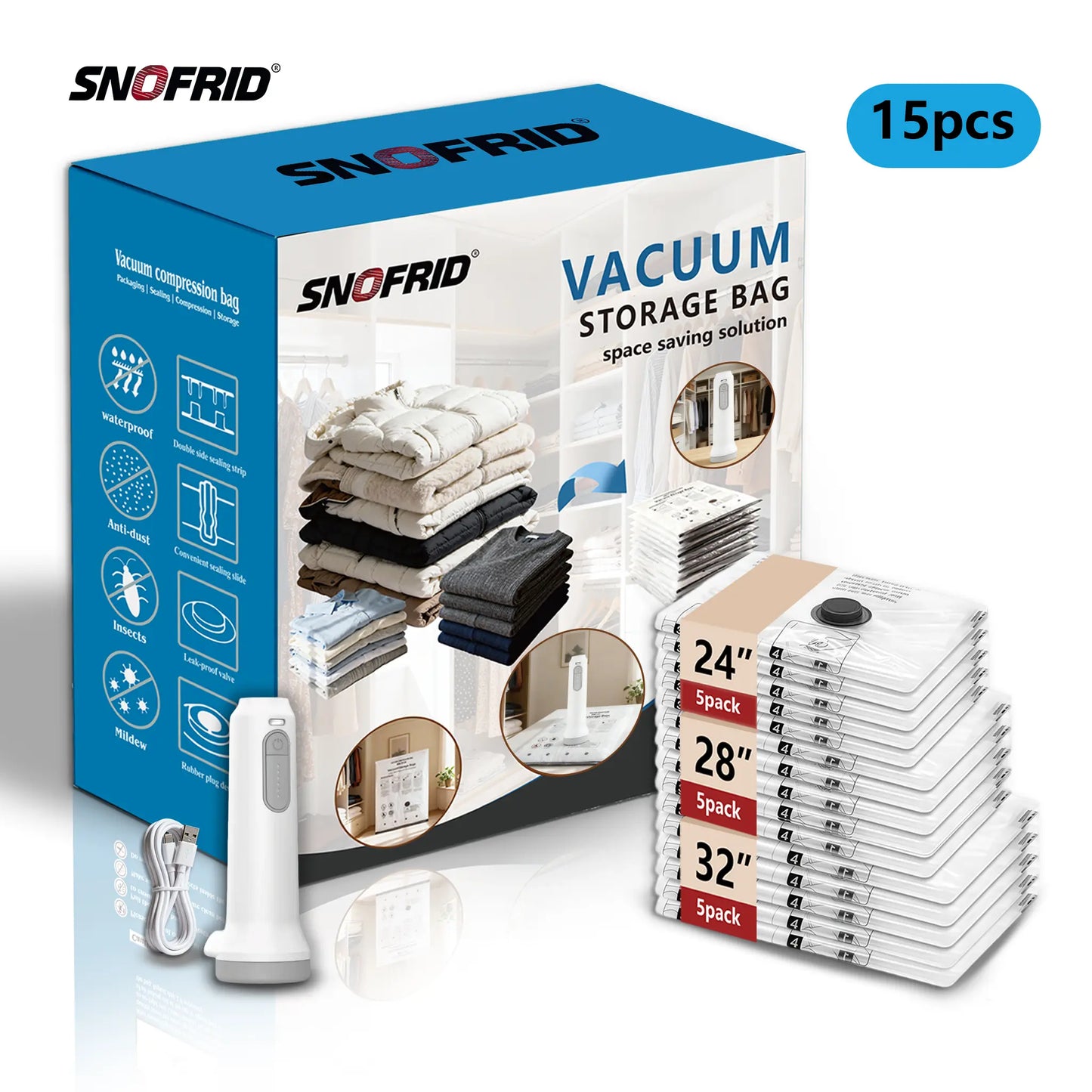 Snofrid Cordless Travel Vacuum Storage Compression Bag Set – 15-Pack in 3 Sizes – USB Rechargeable Handheld Pump with Built-In Battery – Waterproof & Reusable Space Saver for Clothes & Packing, Perfect for Carry-On Suitcases