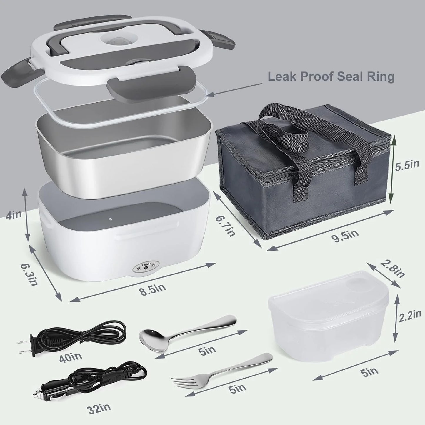 Electric Lunch Box Food Heater,  80W Electric Heating Lunch Boxes for Car/Men/Adults/Home/Work, 1.5L Removable 304 Stainless Steel Container, 110V/12V/24V, with Fork & Spoon