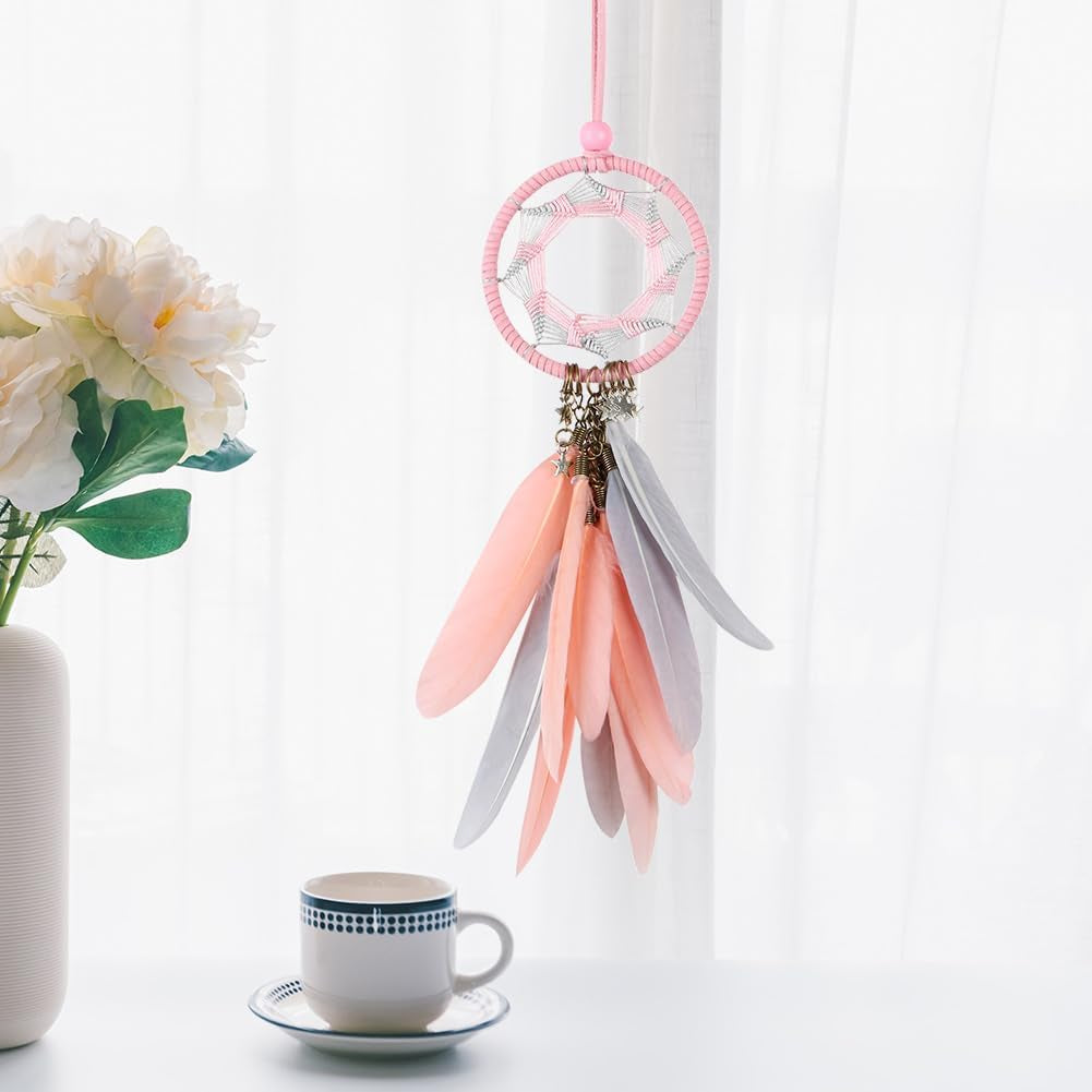 Dream Catcher Car Rearview Mirror Hanging Accessories Handmade Grids Pink Feather Car Charms Pendant Bedroom Decor 2.8" Diameter (Pink Feather)