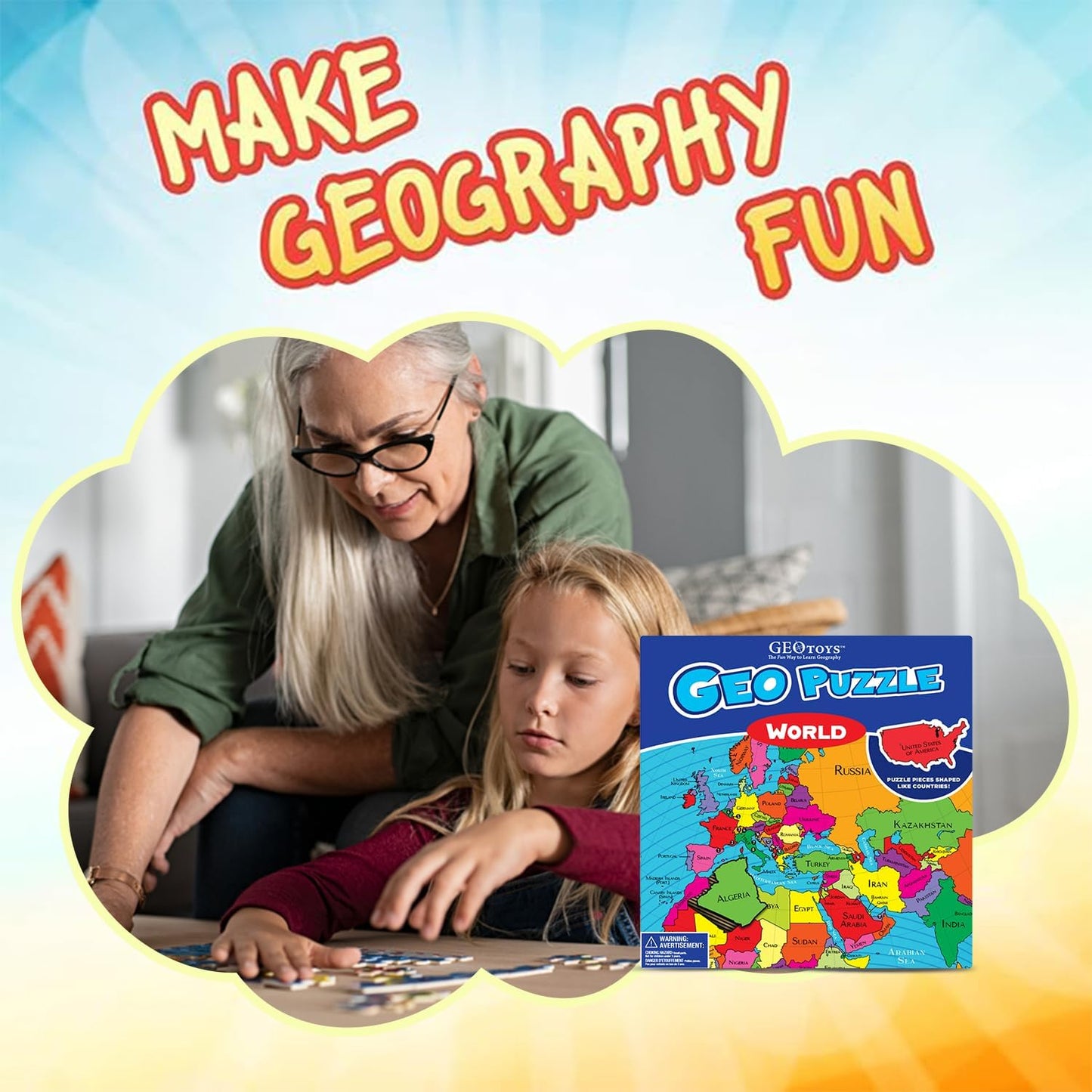 Geopuzzle, World Jigsaw Puzzles, 68 Pc Geography Game & Map Puzzle, Educational Games & Kids Learning Activities, Puzzle Gifts for Children Ages 6-9, Fun Learning Toys for Kids