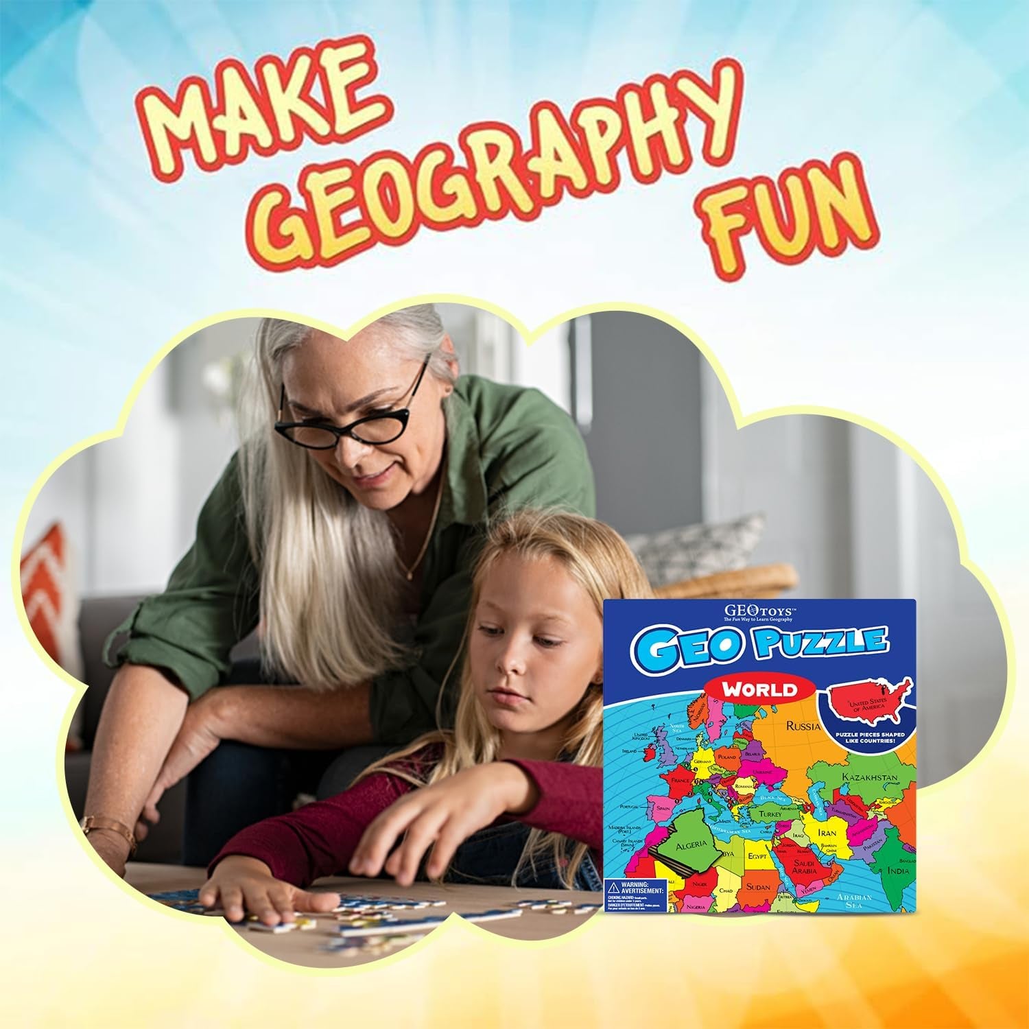 Geopuzzle, World Jigsaw Puzzles, 68 Pc Geography Game & Map Puzzle, Educational Games & Kids Learning Activities, Puzzle Gifts for Children Ages 6-9, Fun Learning Toys for Kids