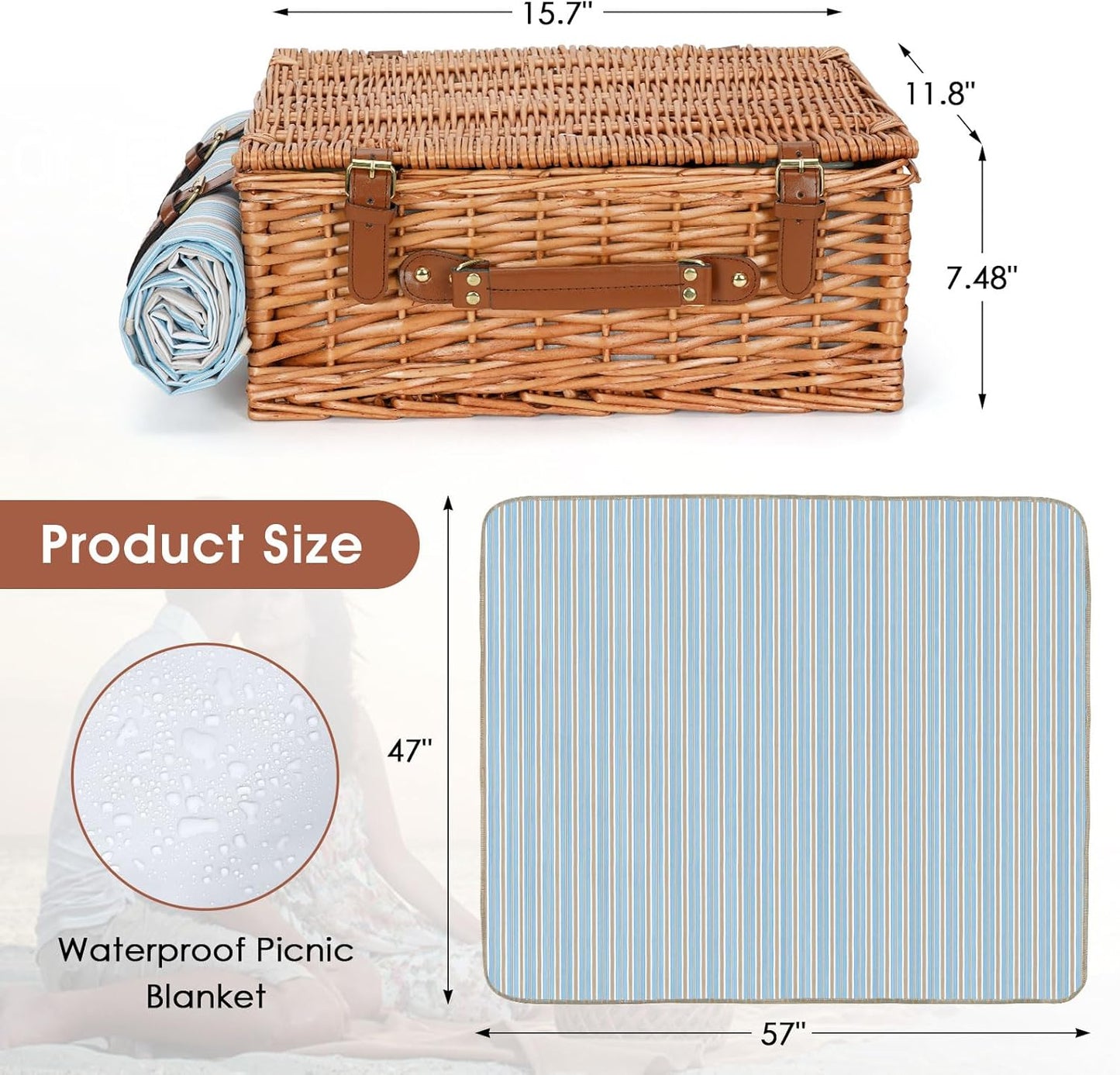 Wicker Picnic Basket Set for 4 Persons | Large Willow Hamper with Large Insulated Cooler Compartment, Waterproof Blanket and Cutlery Service Kit-Classical Brown