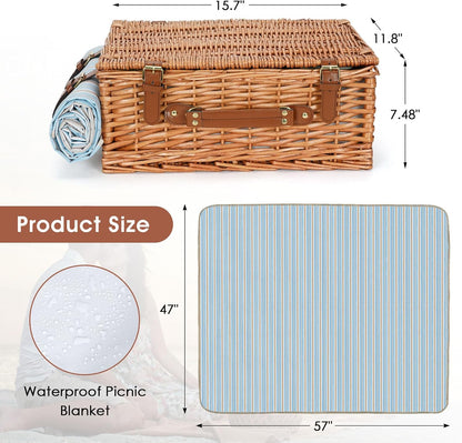 Wicker Picnic Basket Set for 4 Persons | Large Willow Hamper with Large Insulated Cooler Compartment, Waterproof Blanket and Cutlery Service Kit-Classical Brown