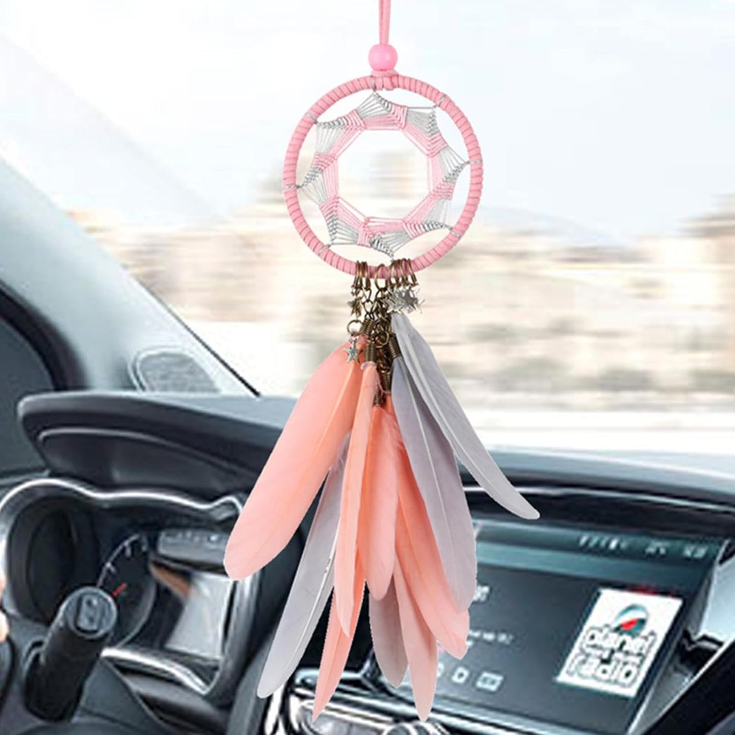 Dream Catcher Car Rearview Mirror Hanging Accessories Handmade Grids Pink Feather Car Charms Pendant Bedroom Decor 2.8" Diameter (Pink Feather)