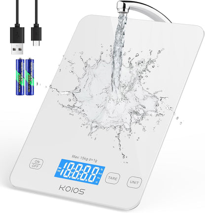 Kitchen Scale, 33Lb/15Kg Digital Food Scales Weight in Grams and Ounces for Cooking Baking, 1G/0.1Oz Precise Graduation, Batteries and Type-C Charging, Tare Function, LCD Display, White