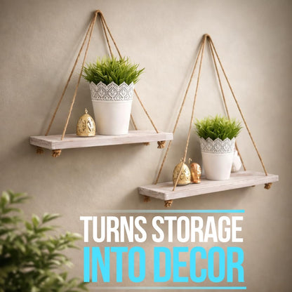 Hanging Shelves for Wall - Set of 2 – Rustic Farmhouse Boho Shelves with String – 17”X5.2” – Thick Distressed, Torched Look Real Wood - Rustic White