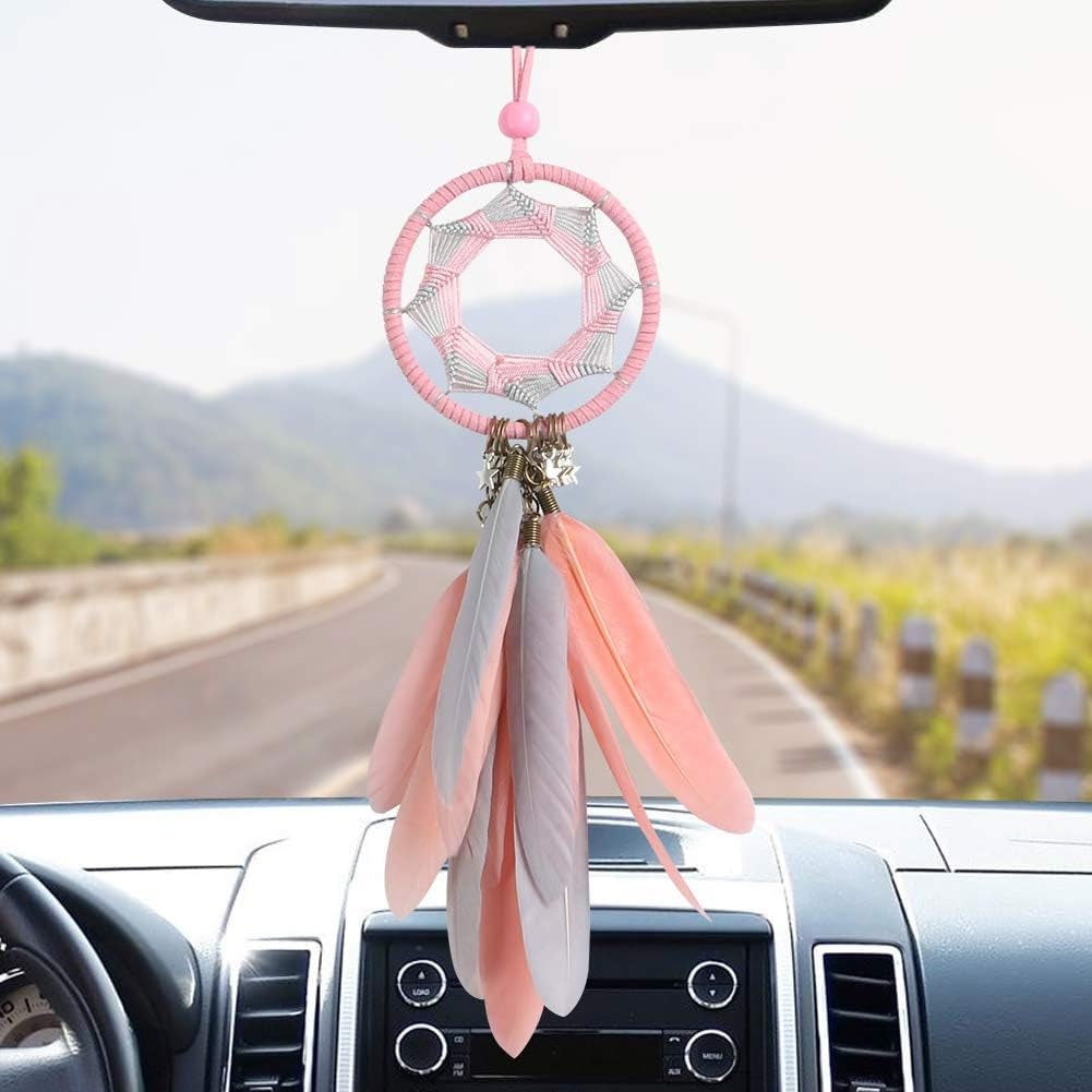 Dream Catcher Car Rearview Mirror Hanging Accessories Handmade Grids Pink Feather Car Charms Pendant Bedroom Decor 2.8" Diameter (Pink Feather)