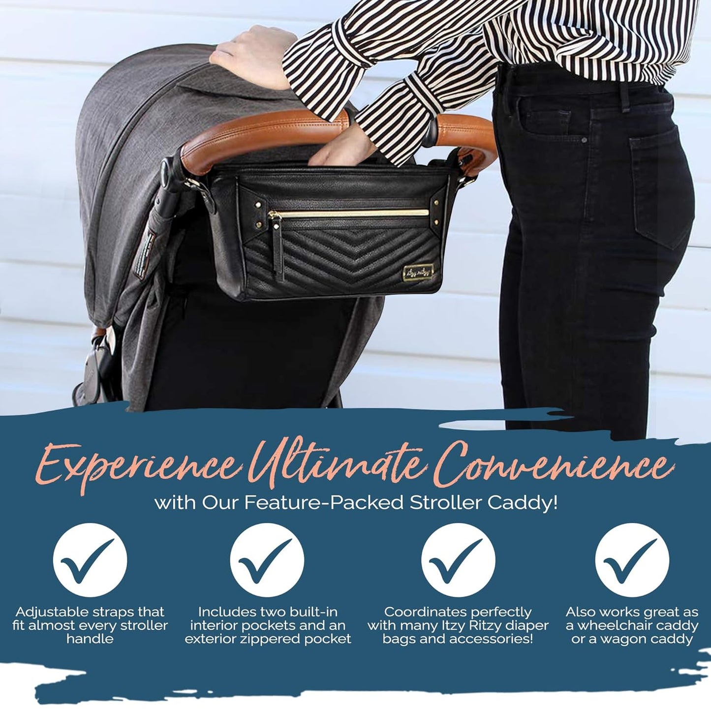 Itzy Ritzy Adjustable Stroller Caddy / Organizer - Stroller Organizer Bag Featuring Front Zippered Pocket, 2 Built-In Interior Pockets & Straps to Fit Nearly Any Model (Black with Gold Hardware)
