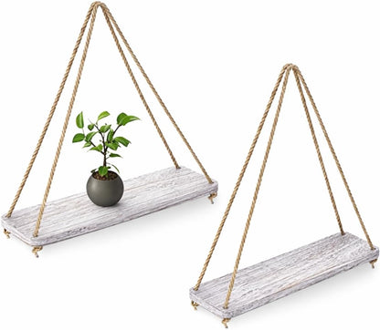 Hanging Shelves for Wall - Set of 2 – Rustic Farmhouse Boho Shelves with String – 17”X5.2” – Thick Distressed, Torched Look Real Wood - Rustic White