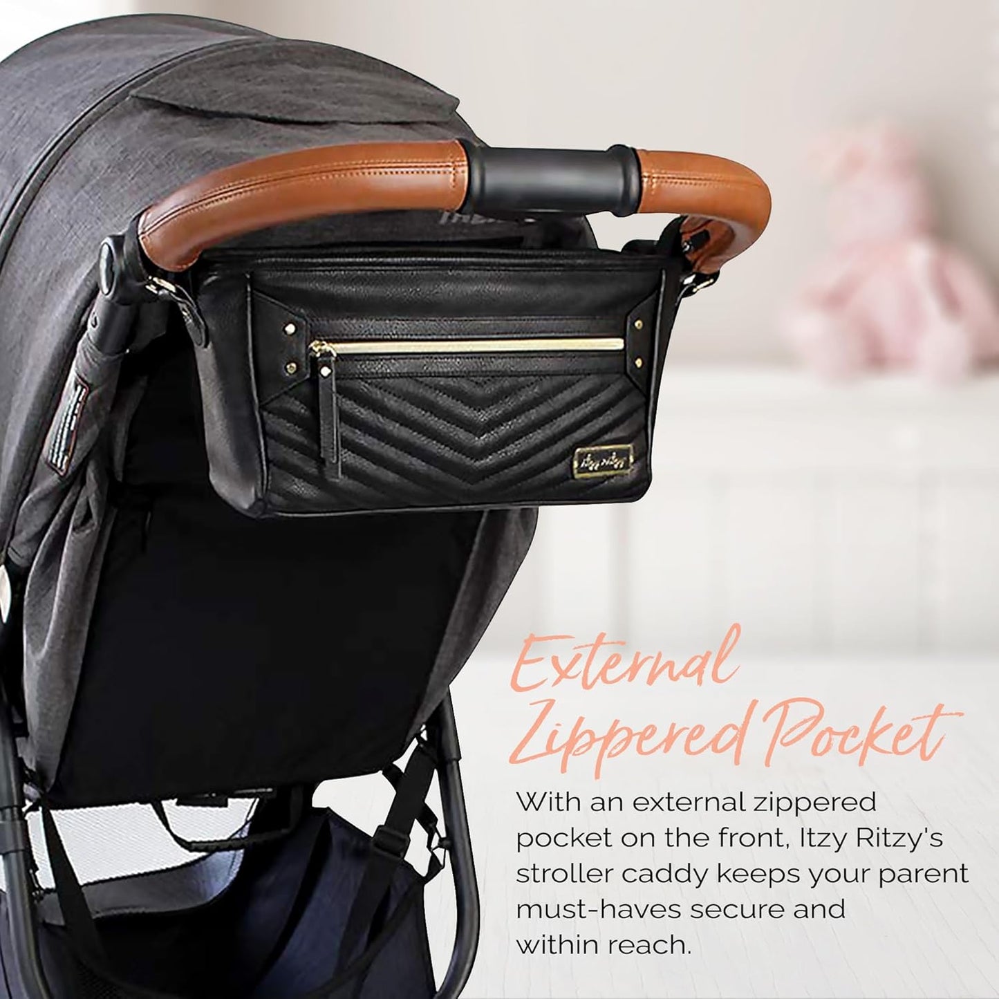 Itzy Ritzy Adjustable Stroller Caddy / Organizer - Stroller Organizer Bag Featuring Front Zippered Pocket, 2 Built-In Interior Pockets & Straps to Fit Nearly Any Model (Black with Gold Hardware)