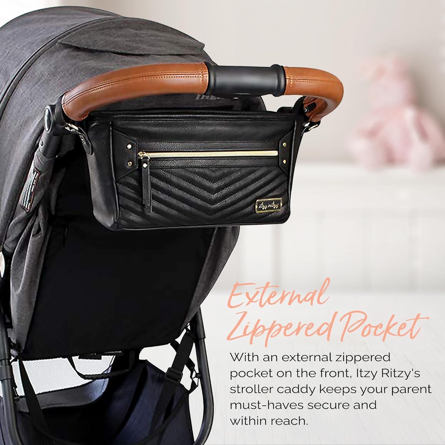Itzy Ritzy Adjustable Stroller Caddy / Organizer - Stroller Organizer Bag Featuring Front Zippered Pocket, 2 Built-In Interior Pockets & Straps to Fit Nearly Any Model (Black with Gold Hardware)
