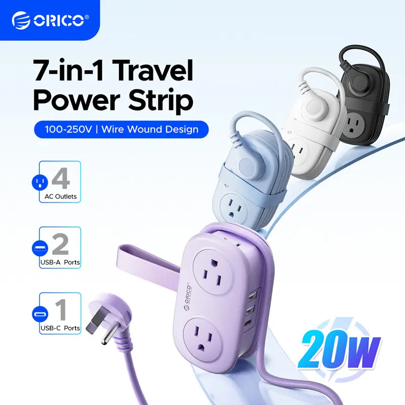 ORICO Multi-Power Travel Power Strip, 15W/20W/65W/100W Output, 2-4 AC Outlets & 3-4 USB Ports with 4FT Short Cord, Compact Cruise-Approved Charging Station for Travel, Hotel & Dorm