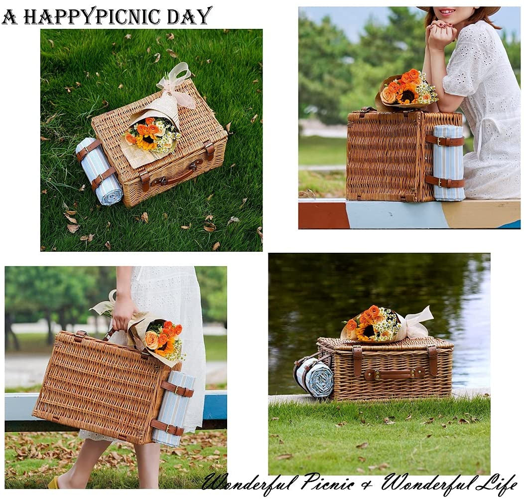 Wicker Picnic Basket Set for 4 Persons | Large Willow Hamper with Large Insulated Cooler Compartment, Waterproof Blanket and Cutlery Service Kit-Classical Brown