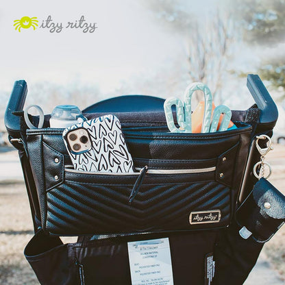 Itzy Ritzy Adjustable Stroller Caddy / Organizer - Stroller Organizer Bag Featuring Front Zippered Pocket, 2 Built-In Interior Pockets & Straps to Fit Nearly Any Model (Black with Gold Hardware)