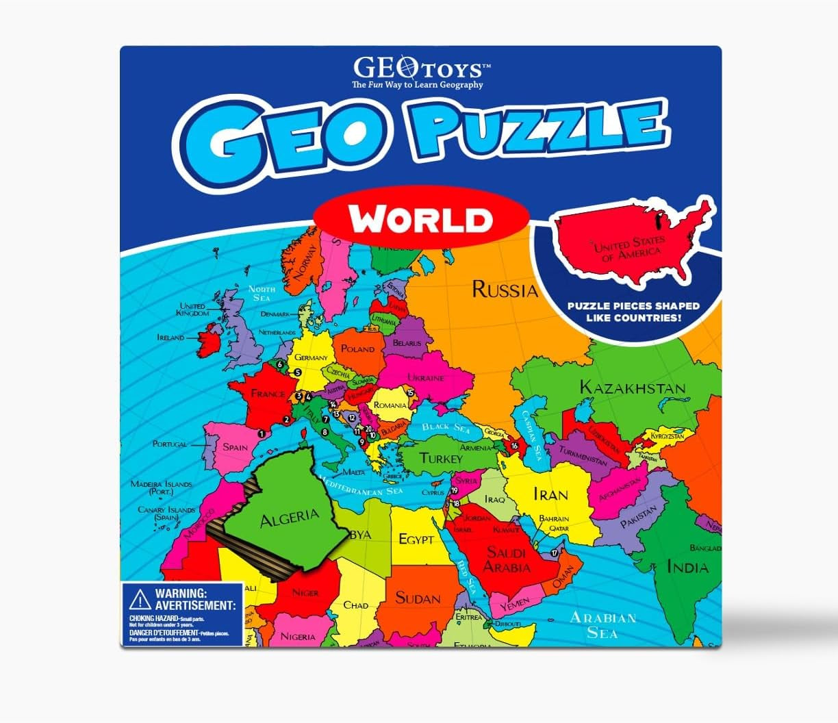 Geopuzzle, World Jigsaw Puzzles, 68 Pc Geography Game & Map Puzzle, Educational Games & Kids Learning Activities, Puzzle Gifts for Children Ages 6-9, Fun Learning Toys for Kids