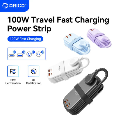 ORICO Multi-Power Travel Power Strip, 15W/20W/65W/100W Output, 2-4 AC Outlets & 3-4 USB Ports with 4FT Short Cord, Compact Cruise-Approved Charging Station for Travel, Hotel & Dorm