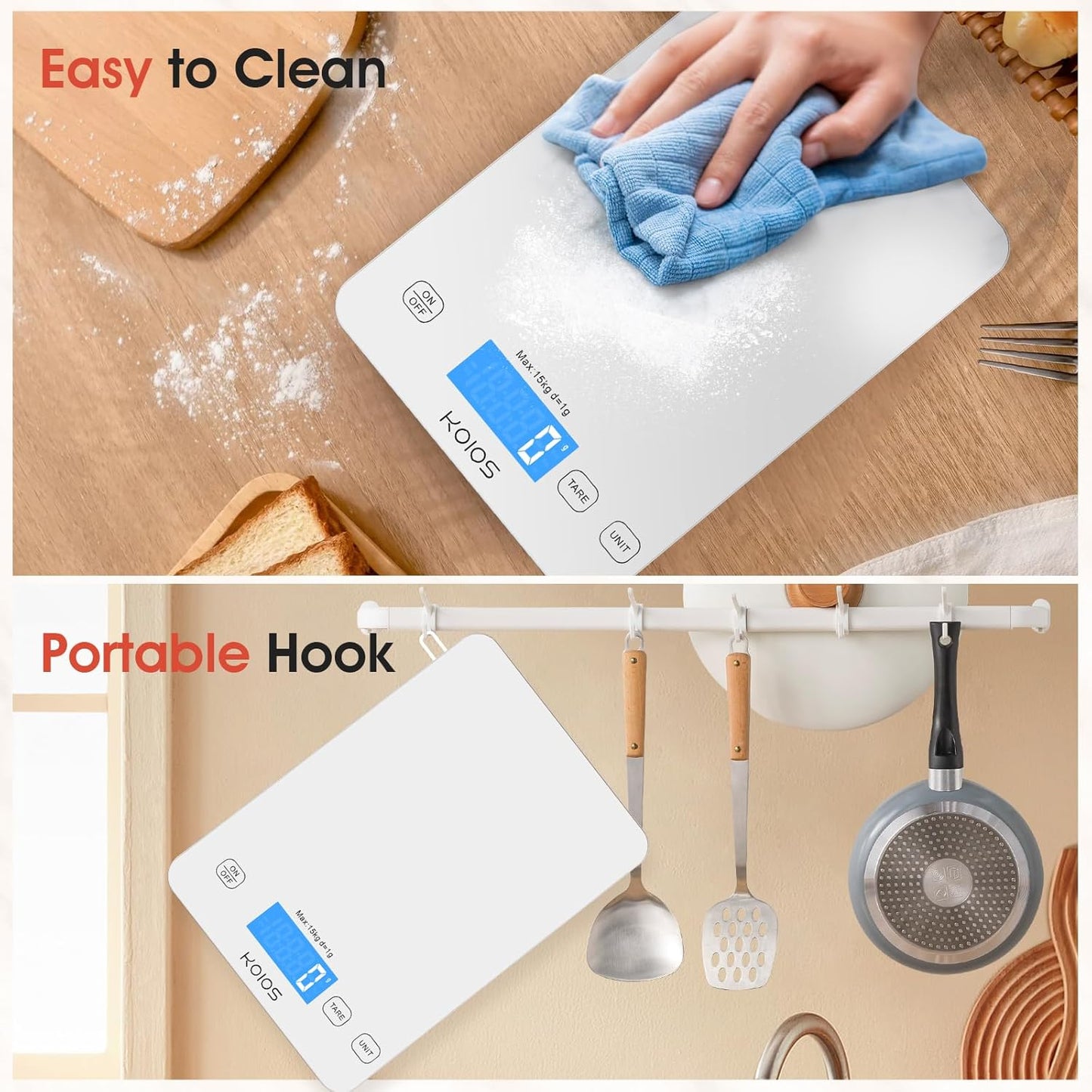 Kitchen Scale, 33Lb/15Kg Digital Food Scales Weight in Grams and Ounces for Cooking Baking, 1G/0.1Oz Precise Graduation, Batteries and Type-C Charging, Tare Function, LCD Display, White