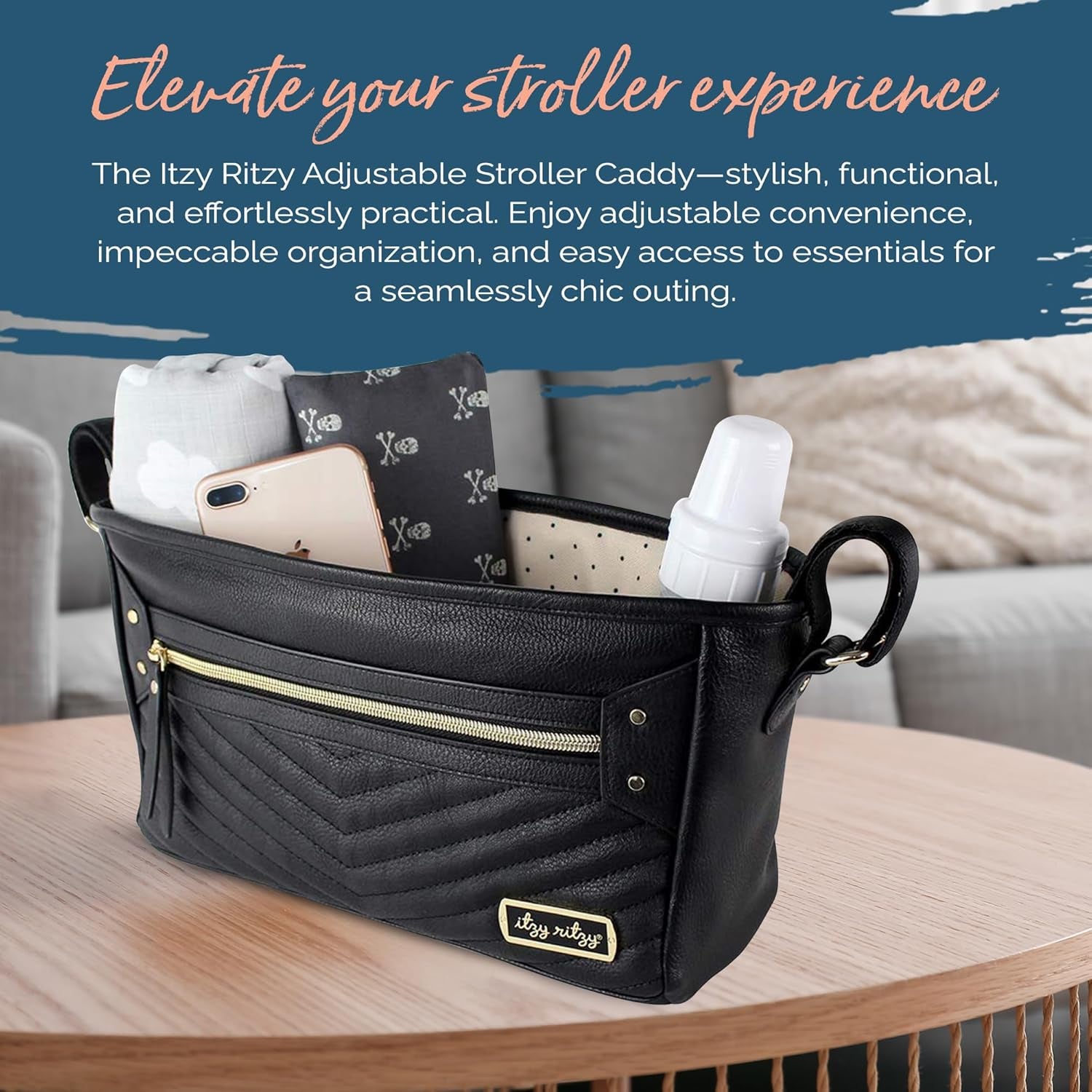 Itzy Ritzy Adjustable Stroller Caddy / Organizer - Stroller Organizer Bag Featuring Front Zippered Pocket, 2 Built-In Interior Pockets & Straps to Fit Nearly Any Model (Black with Gold Hardware)