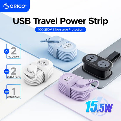 ORICO Multi-Power Travel Power Strip, 15W/20W/65W/100W Output, 2-4 AC Outlets & 3-4 USB Ports with 4FT Short Cord, Compact Cruise-Approved Charging Station for Travel, Hotel & Dorm