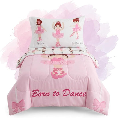 4 Piece Toddler Bedding Set -Born to Dance Ballerina- Includes Comforter, Flat Sheet, Fitted Sheet and Reversible Pillowcase