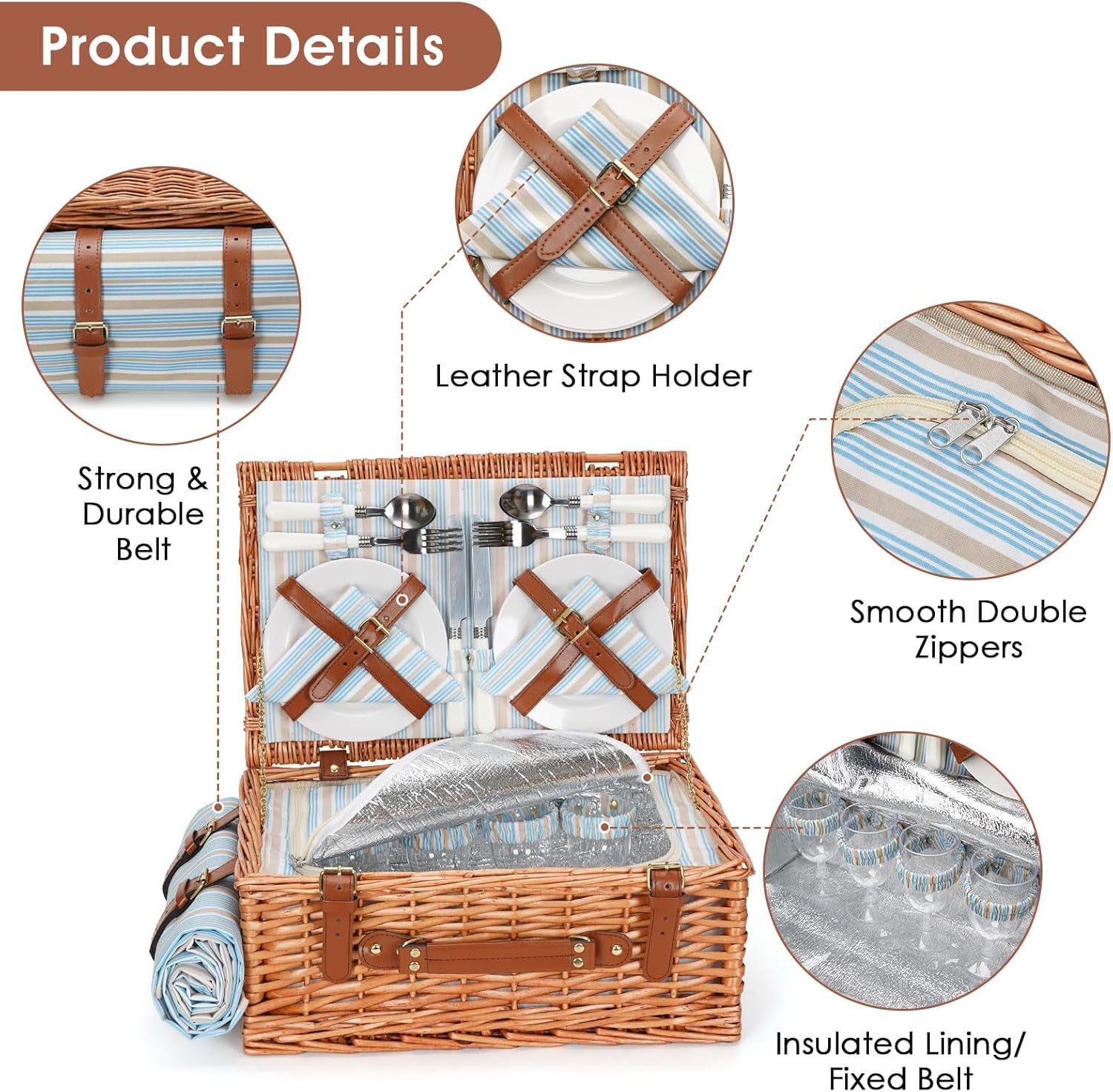Wicker Picnic Basket Set for 4 Persons | Large Willow Hamper with Large Insulated Cooler Compartment, Waterproof Blanket and Cutlery Service Kit-Classical Brown