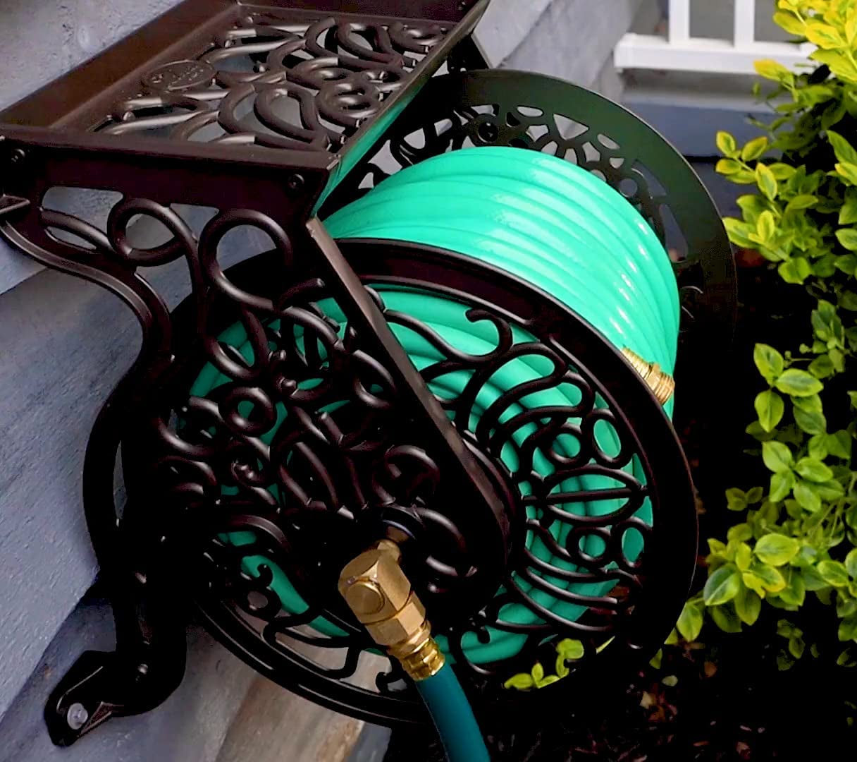 704 Decorative Cast Aluminum Wall Mount Garden Hose Reel, Holds 125-Feet of 5/8-Inch Hose - Bronze