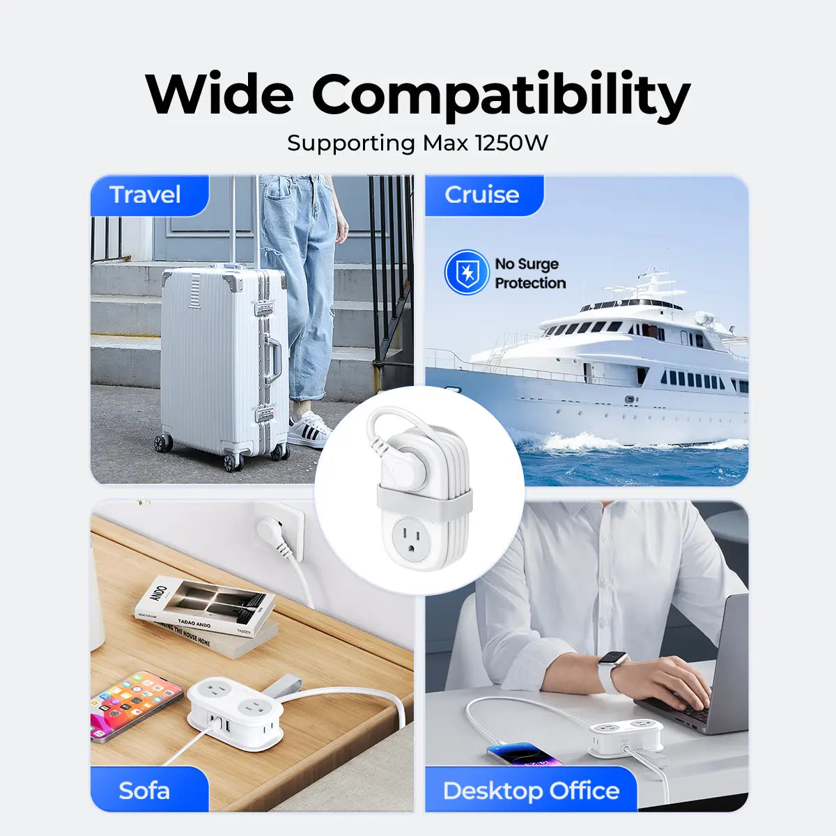 ORICO Multi-Power Travel Power Strip, 15W/20W/65W/100W Output, 2-4 AC Outlets & 3-4 USB Ports with 4FT Short Cord, Compact Cruise-Approved Charging Station for Travel, Hotel & Dorm