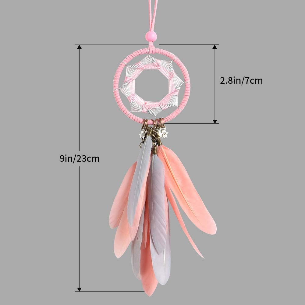 Dream Catcher Car Rearview Mirror Hanging Accessories Handmade Grids Pink Feather Car Charms Pendant Bedroom Decor 2.8" Diameter (Pink Feather)