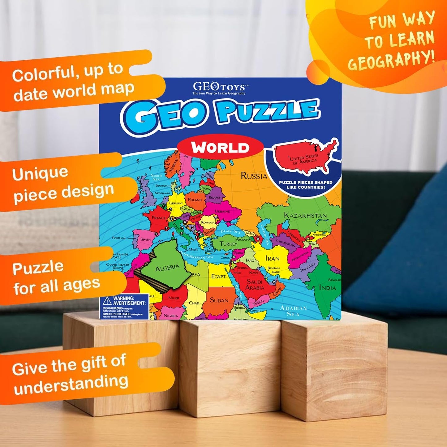 Geopuzzle, World Jigsaw Puzzles, 68 Pc Geography Game & Map Puzzle, Educational Games & Kids Learning Activities, Puzzle Gifts for Children Ages 6-9, Fun Learning Toys for Kids