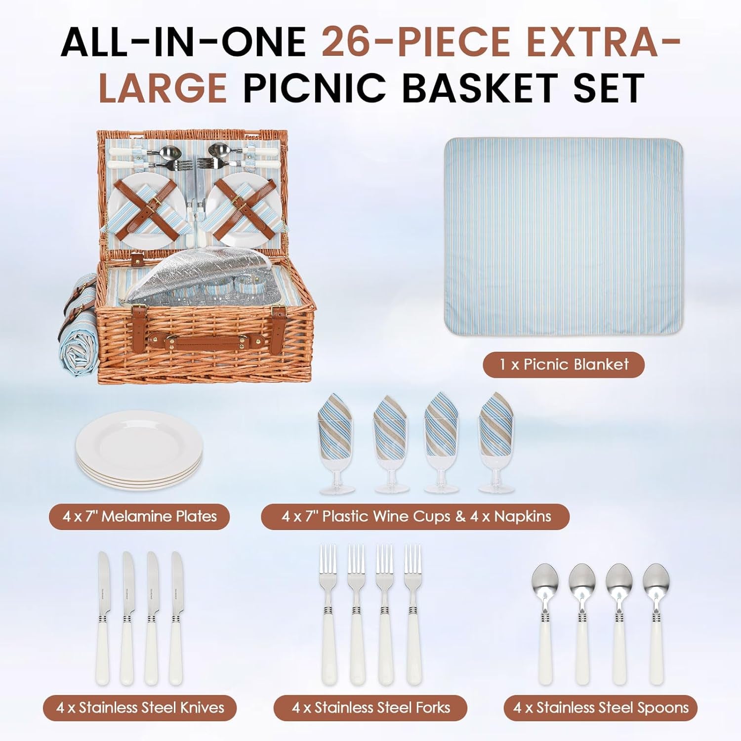 Wicker Picnic Basket Set for 4 Persons | Large Willow Hamper with Large Insulated Cooler Compartment, Waterproof Blanket and Cutlery Service Kit-Classical Brown