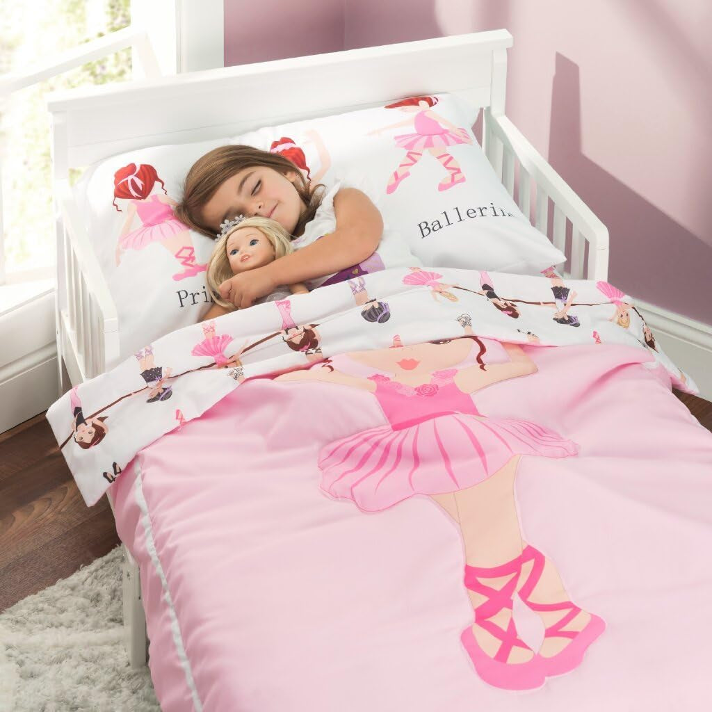 4 Piece Toddler Bedding Set -Born to Dance Ballerina- Includes Comforter, Flat Sheet, Fitted Sheet and Reversible Pillowcase
